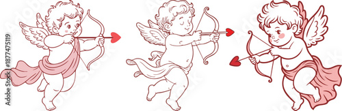 Playful Cupid Cartoon Trio, Playful Line Art Illustration of Cupid Archer Variations, Charming Valentine's Day Cherubs with Pink Accents and Heart Arrows, Set of Three Whimsical Cupid Characters .