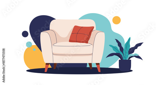 Comfortable beige armchair with a decorative red pillow placed next to a blue potted plant against an abstract background.