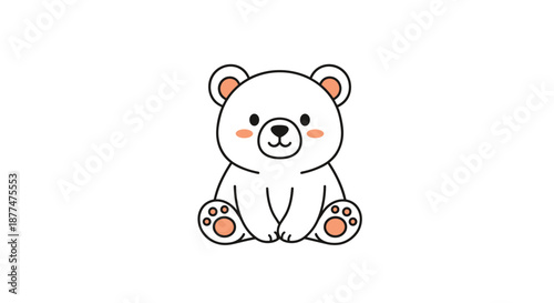 Adorable illustration of a cute white bear sitting down with rosy cheeks and orange details on its ears and paws.