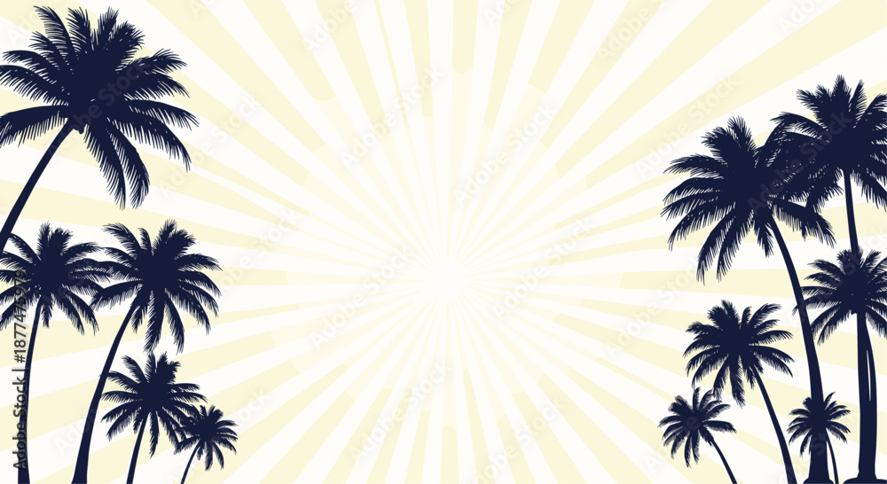 Fototapeta premium Tropical sunset background with dark silhouettes of palm trees against a pale yellow sunburst or radial beam effect.