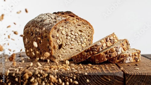 Crusty seeded bread loaf on a dark wooden table, slices arranged near the loaf, rustic and hearty.!!