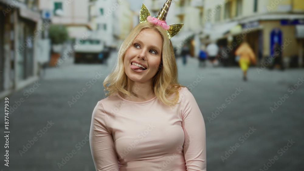 Fototapeta premium Woman with blonde hair wearing unicorn diadem smiles playfully outdoors on a busy city street with pastel buildings, creating a whimsical and joyful urban atmosphere.