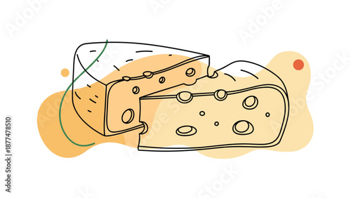 Wedge of swiss cheese with holes sitting next to a whole cheese wheel on a stylized orange and white abstract background.