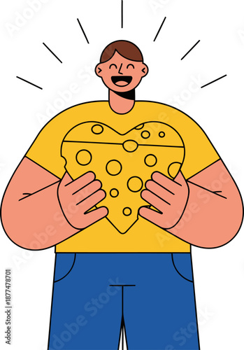 A joyful man celebrates love with a giant cheese slice! Bright, modern illustration with radiating lines. Perfect for food, celebration, and happiness themes.