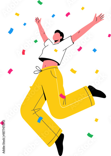 A joyful woman celebrates in yellow Joy Sweatpants, leaping with confetti. Energetic, active lifestyle imagery. Vibrant, modern design.
