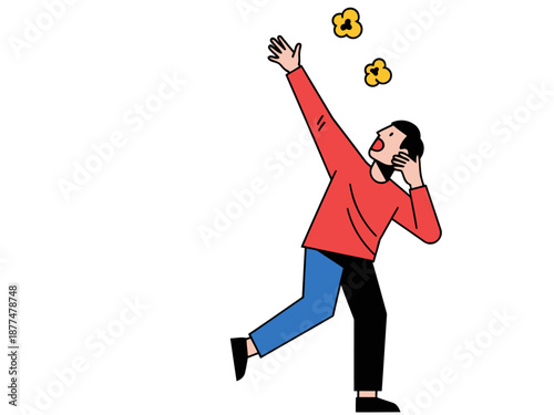 A man joyfully celebrates eating popcorn, arms raised in excitement. Bright, playful illustration. Perfect for entertainment and happiness themes.