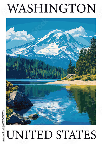 Majestic snow-capped mountain reflected in a calm lake, surrounded by dense pine forest, representing Washington State, USA.