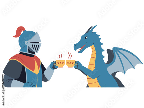 A knight and dragon share tea, celebrating with warm mugs. Charming illustration, perfect for fantasy or cozy themes.  Bright, friendly, and visually appealing.