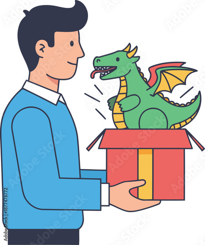A smiling man presents a gift box containing a dragon to a celebration. Modern illustration style, vibrant colors, gift giving concept.