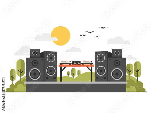 Outdoor DJ festival scene with speakers, stage, and a sunny sky. Vibrant colors and a modern, stylized illustration. Perfect for event promotion.