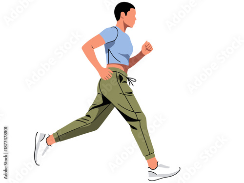 A woman runs in athletic jogging sweatpants, showcasing an active lifestyle. Dynamic pose, clear composition, modern style. Perfect for fitness and sportswear visuals.