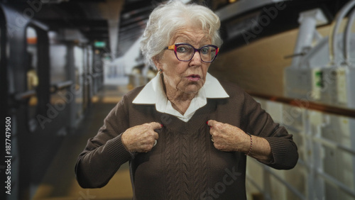 Tableau sur toile Elderly woman wearing glasses points to her sweater with both hands in a narrow aircraft galley corridor inside a building; firm defiance