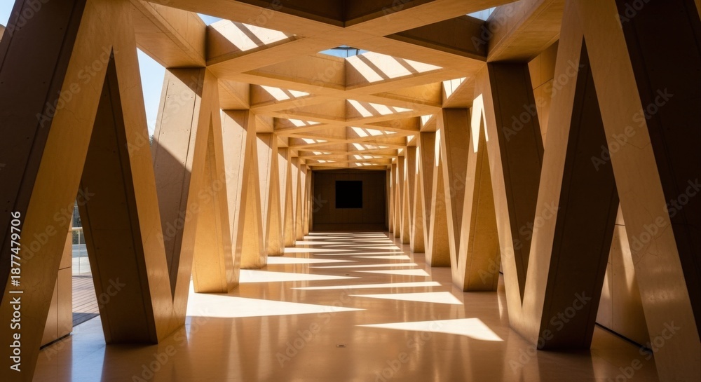 Naklejka premium Architectural Interior with Geometric Design, Sunlight, and Perspective, Featuring Modern Building Structure