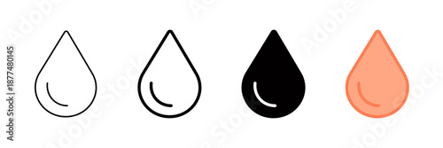 Set of minimalist water drop icons with transparent background, depicting liquid, fluid, and rain symbols for interface design, web, and medical applications, vector illustration