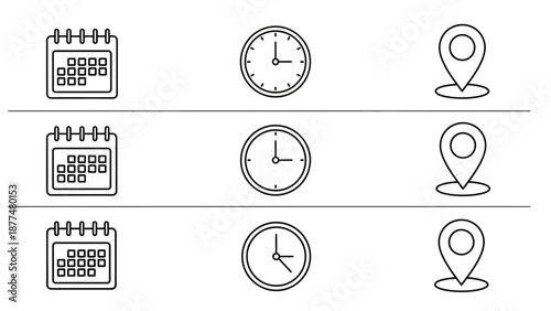 Minimal outline icon set featuring calendar, clock, and location pin symbols arranged in rows. Clean black line style on white background, suitable for scheduling, time management, planning