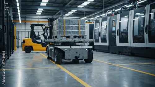 Automated industrial machine transporting materials in a large warehouse setting