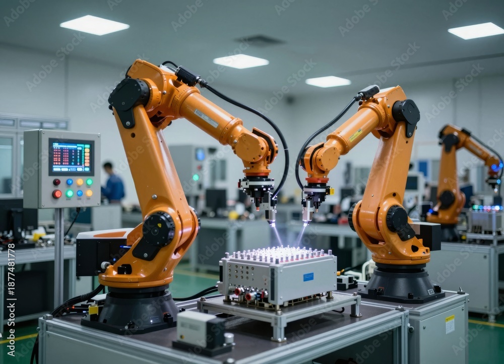 Fototapeta premium Artificial intelligence controlled robotic arms working in futuristic automated manufacturing factory