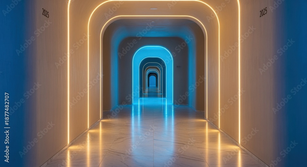 Fototapeta premium Abstract Illuminated Corridor with Repeating Archways and Symmetrical Design Featuring Blue and Warm Yellow Lighting