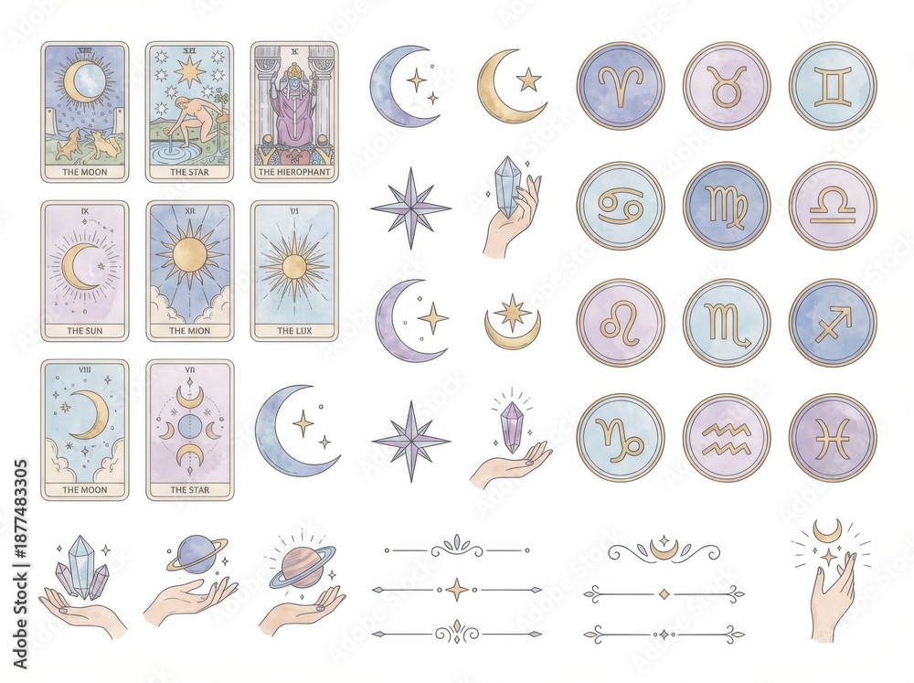 Fototapeta premium soft astrology set of astrology and mystic symbols tarot-style icons and hands useful for infographics presentations and ui elements isolated on white background