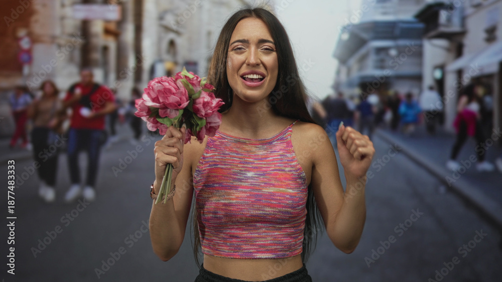 Fototapeta premium Woman holds bouquet of pink flowers, smiles and raises fist on a bustling city street; joy celebration.