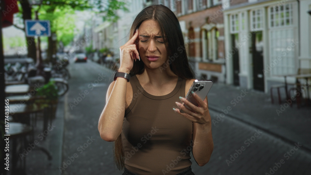 Fototapeta premium Young hispanic woman holding smartphone, finger to temple for headache while wearing brown tank top on street; frustration mobile stress.