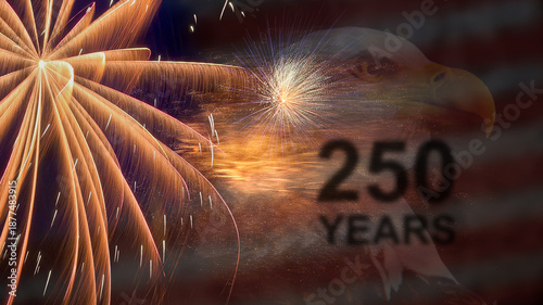 Beautiful background photo for America's 250th birthday celebration with soft blurred fireworks, the American flag and the profile of a Bald eagle.