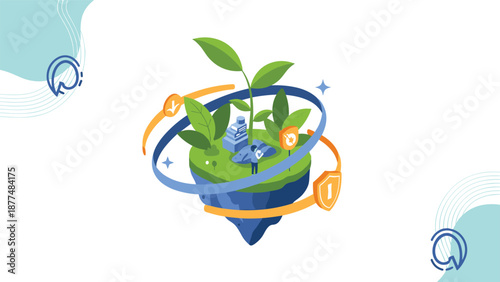 Environmental protection and sustainable growth are depicted as green plants growing on a floating island with shields.