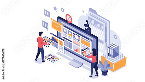 Designers collaborate on user interface and website layout projects using a large desktop computer and design elements.