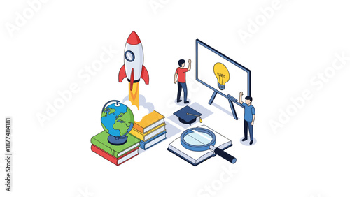 Academic excellence and startup innovation are represented through icons of a rocket, globe, books, and a lightbulb.