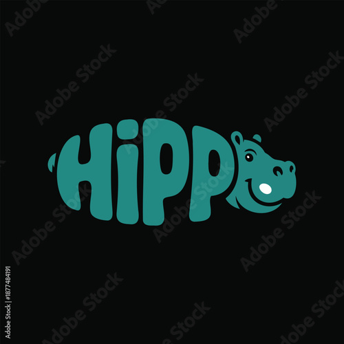 Teal Hippopotamus With Smiling Face On Black Background