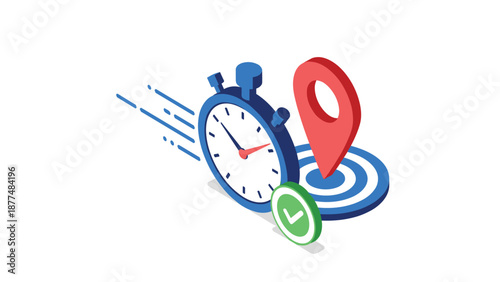 Efficient logistics and timely delivery are illustrated with a fast-moving stopwatch, map location pin, and checkmark.