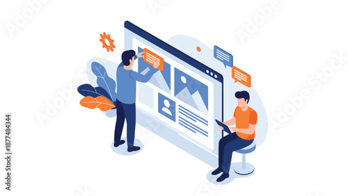 Web designers collaborate on user interface layout and visual content on a large desktop monitor in an office.