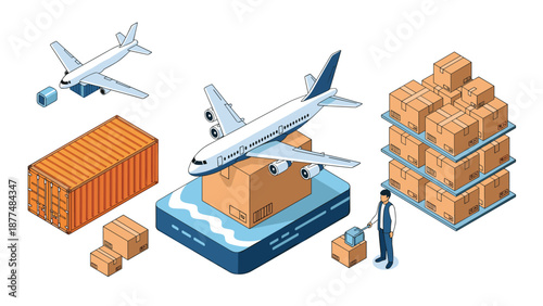 Global logistics and supply chain management illustration featuring air freight transportation and warehouse storage systems.