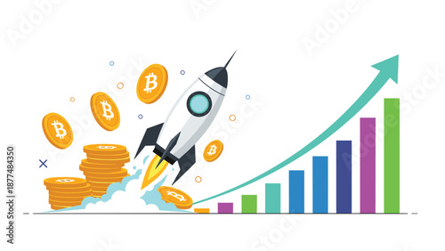 Financial growth and investment success are depicted as a rocket launching from money stacks next to a rising chart.
