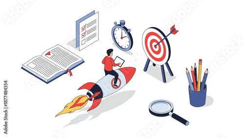 Ambitious professional rides a rocket toward success while balancing tasks and managing time with books and target goals.