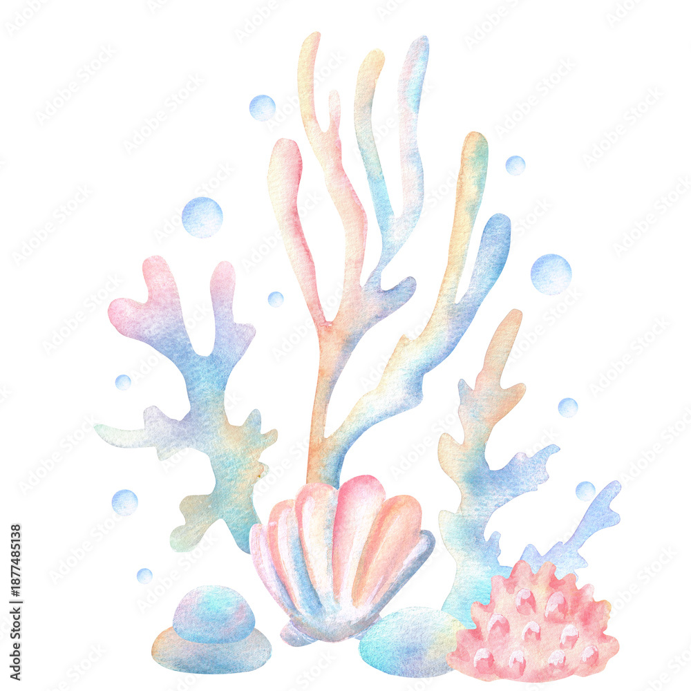 Fototapeta premium Underwater fairytale scene with corals, seaweeds, seashells, stones and bubbles. Ocean world clipart. Hand-drawn watercolor illustration for underwater-themed design for nursery, stickers, covers
