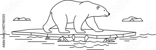 Simple line art illustration depicting a solitary polar bear walking carefully across a small melting ice floe surrounded by ocean waves illustrating climate change impact.