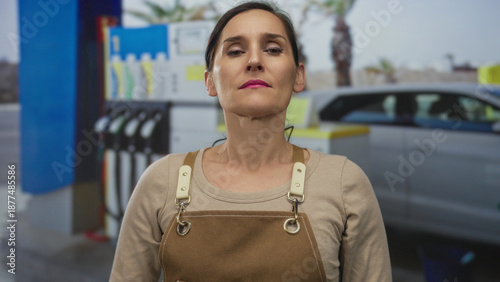 Φωτογραφία Hispanic woman wearing brown apron crosses arms with stern posture at petrol station forecourt; denial defiance