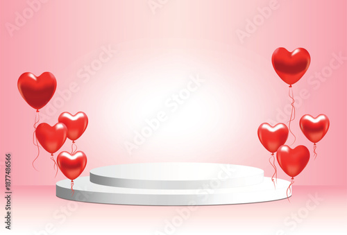 Vector 3D podium Valentine red heart shaped helium balloons floating decorations s, Empty stage display presentation product scene, on pink background