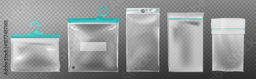 Plastic bag mockup set with transparent ziplock pouches and vinyl packaging. Realistic clear zip bags with resealable closures, handles and blank sealed envelopes for food storage templates.