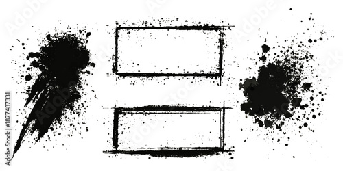 Abstract black ink paint grunge brush stroke border set background. grungy rough brushstrokes splatter stains dirty textured and transparent background vector collection.