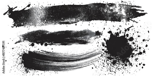 Abstract black ink paint grunge brush stroke border set background. grungy rough brushstrokes splatter stains dirty textured and transparent background vector collection.