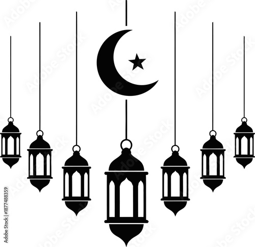 Ramadan kareem hanging lanterns and crescent moon star black silhouette vector set