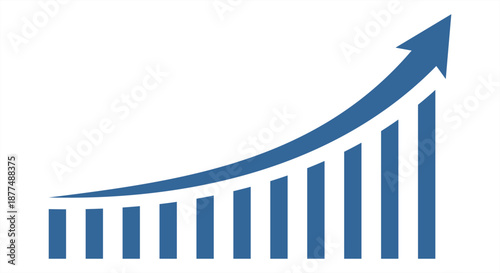 Business bar chart featuring a sharp upward curving arrow symbolizing exponential growth, rapid success, and market acceleration. Minimalist blue vector for financial data analysis