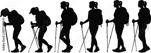 Evolution of female hiker silhouettes showing progress from hunched fatigue to upright confident walking with trekking poles on black background.