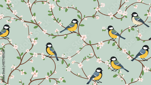 Beautiful seamless floral pattern featuring small colorful birds perched on winding brown branches with delicate pink blossoms.
