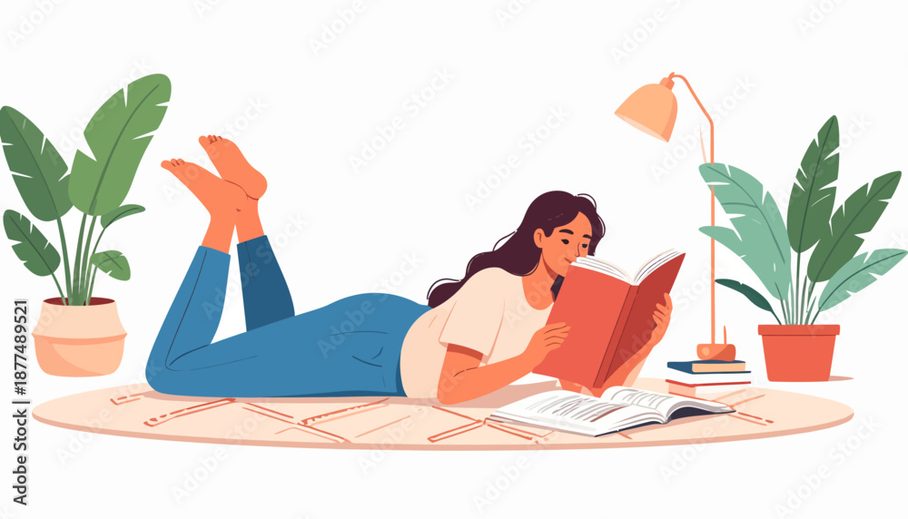 Fototapeta premium Young Woman Enjoys Book at Home, Cozy Living Space, Illustration, Relaxed Atmosphere, Indoor Viewpoint