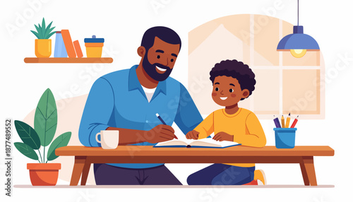 Learning Together at Home, Digital Illustration, Cozy Setting