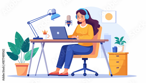 Podcasting Action, Female Host, Home Office, Digital Illustration, Cozy Environment, Front View, Creative Workspace