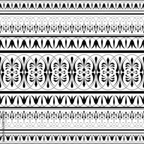 Monochrome floral european seamless pattern arabesque. Design evokes sense of traditional art, reminiscent of fine china Delftware, earthenware, ceramic. Typical egyptian, assyrian, greek motive